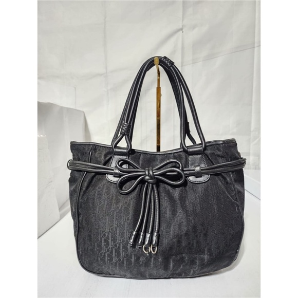 Authentic CHRISTIAN DIOR Trotter Canvas Bow Small Tote Bag Black - Picture 1 of 12
